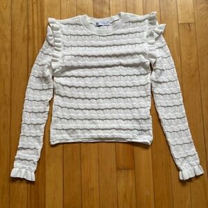 Zara White Textured Knit Ruffle Long Sleeve Sweater Top Size S
